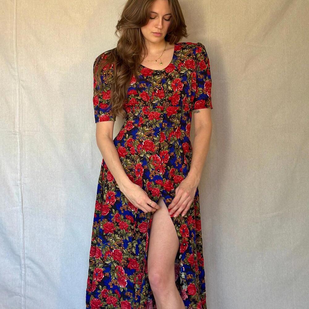 80s Black Floral Button Front Dress - Picture 5 of 12